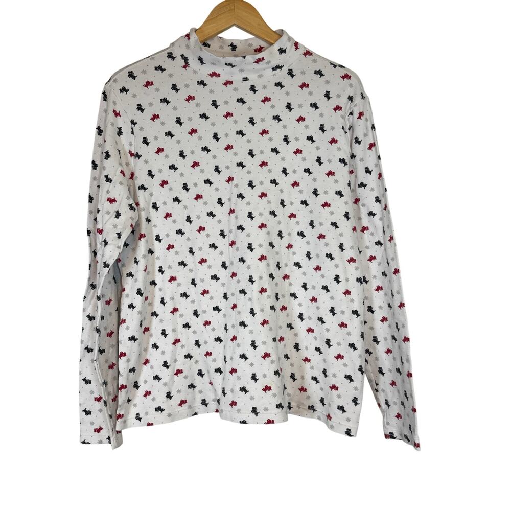 Vintage Scottie Dog Turtle Neck Blouse Womens XL White Snowflakes Winter Dogs